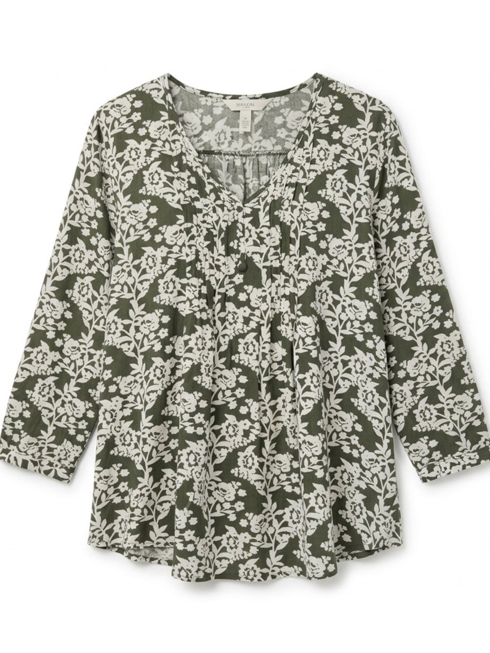 Fun2Fun Green Floral V-Neck Top Boho Flowy Rayon 3/4 Sleeve Small